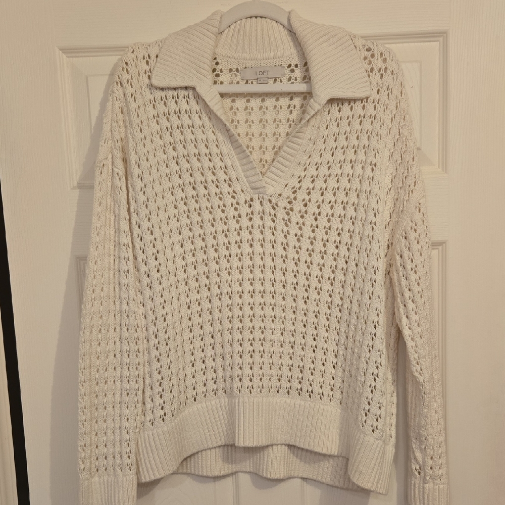 LOFT Women's Ivory Open Knit V Neck Sweater XL